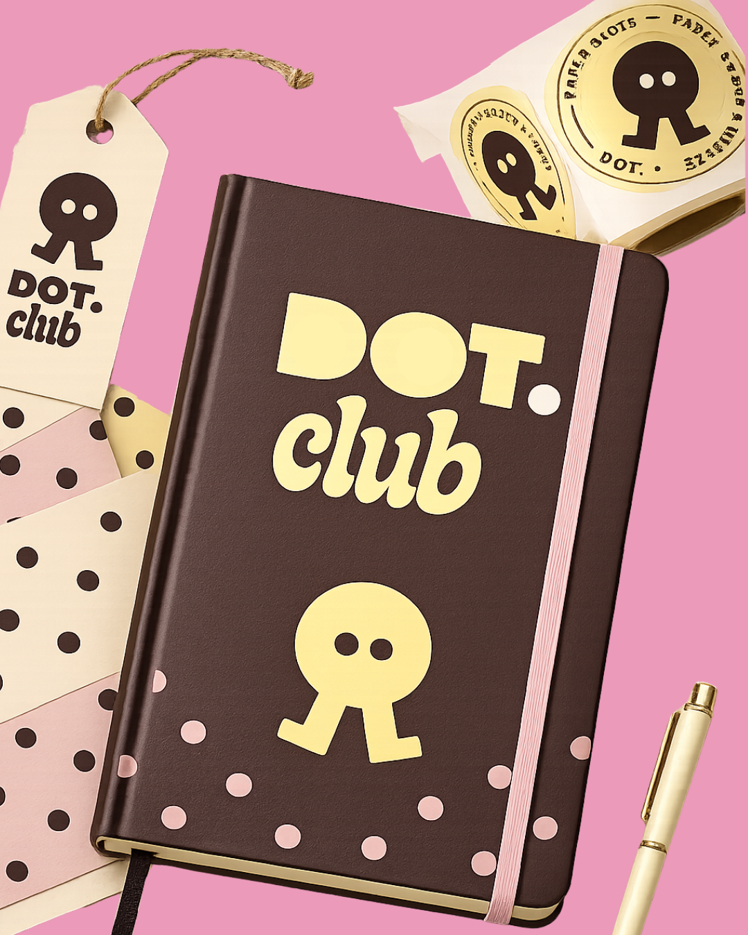 Notebook DOT.club, mockup produit pour univers de marque créatif