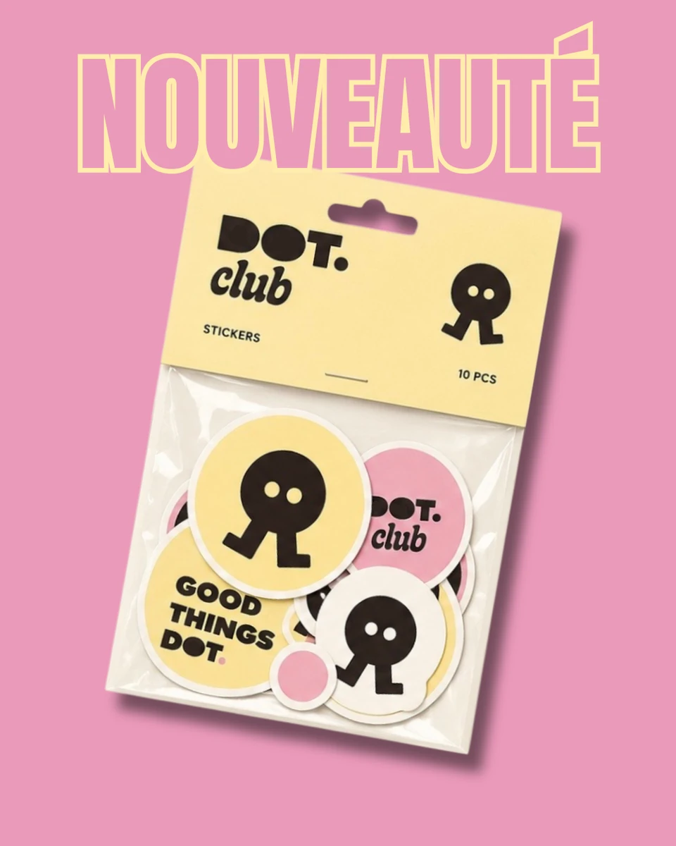 Mockup nouveau produit DOT.club, branding papeterie et packaging